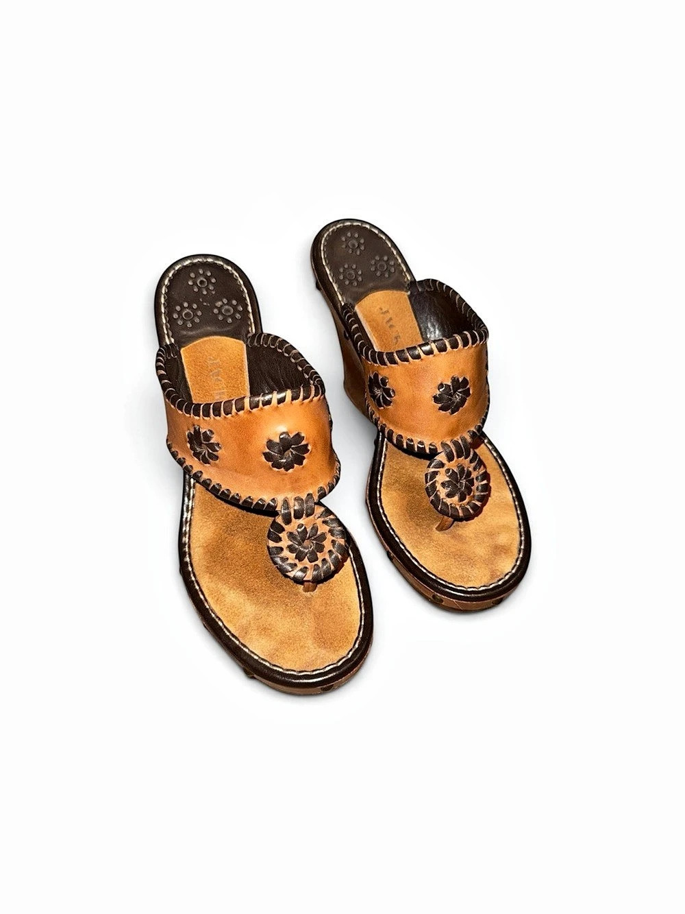 Jack Rogers Wooden Wedge Sandals in Brown and Tan